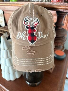 Brown distressed 'Oh Deer' Cap with Red Buffalo Plaid Deer Patch